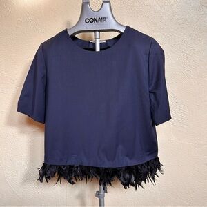 Maison Père Navy Virgin Wool Top w/ Removable Feather Hem – Size 36 (US S)